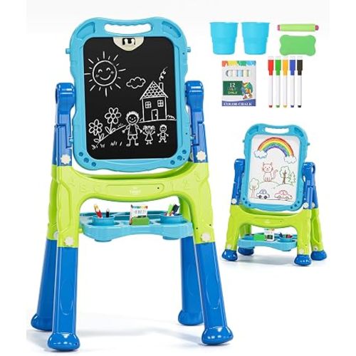 Lehoo Castle Easel for Kids 3-5, Magnetic Chalkboard Whiteboard (Blue)