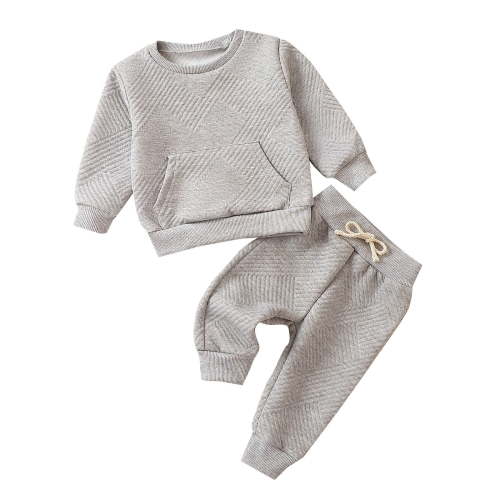 Odeerbi Infant Boys Girls 2 Piece Outfits Cotton Sweatshirt Sweatpants Set Sweatsuits Cute Tracksuit Spring Fall Clothes Solid Color Long Sleeve Pullover Set 3 Months-3 Years Gray