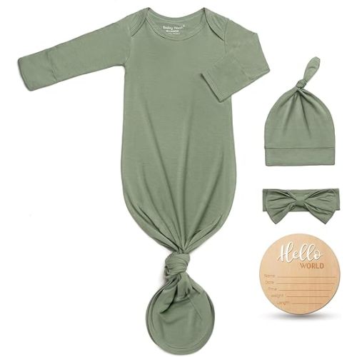 Hello World Newborn Knotted Gown 0-3 Months, Coming Home Outfit Baby Bamboo Viscose Sleeper with Hat,Headband,Wooden Sign