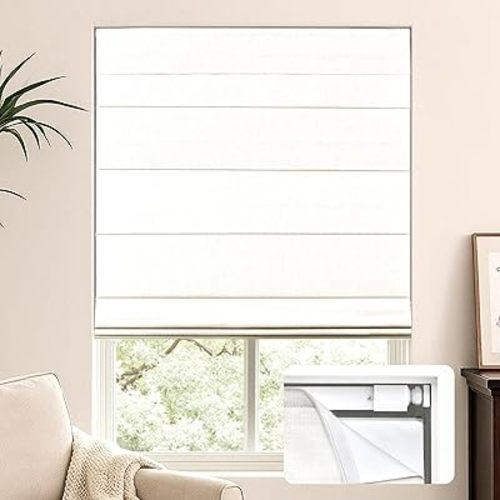LazBlinds No Tools No Drill Cordless Roman Shades for Windows, Blackout Thermal Insulated UV Blocking Window Blinds, Lightweight Fabric Blinds for Indoor Windows, 31" W x 60" H, Blackout - White