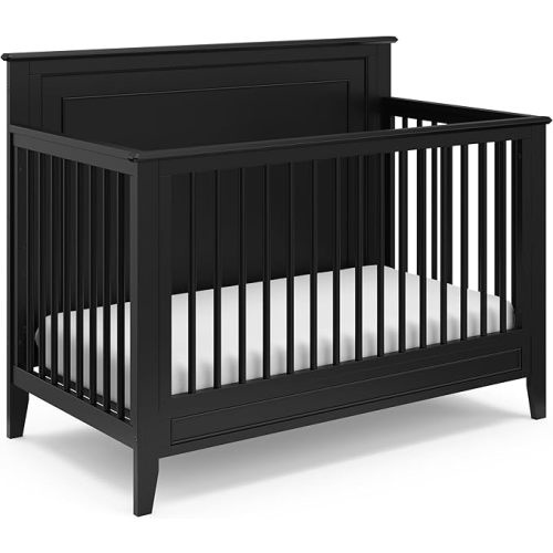 Storkcraft Solstice 5-In-1 Convertible Crib – GREENGUARD Gold Certified, Converts to Toddler Bed and Full-Size Bed, Fits Standard Full-Size Crib Mattress, Adjustable Mattress Support Base (Black)
