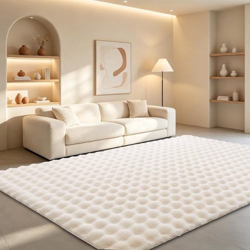 Creamy White Rabbit Plush Rug 5'x8', Fluffy Faux Fur Shaggy Area Rug for Nursery, Kids Room Decor, Soft Fuzzy Carpet for Living Room, Bedroom, Teen Girls Room