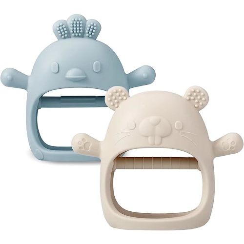 PandaEar 2 Pack Silicone Baby Teething Toys| Baby Hand Teether Mitten for Sucking Needs| Baby Chew Toys Hand Pacifier for Soothing Teething Pain Relief (White/Blue)