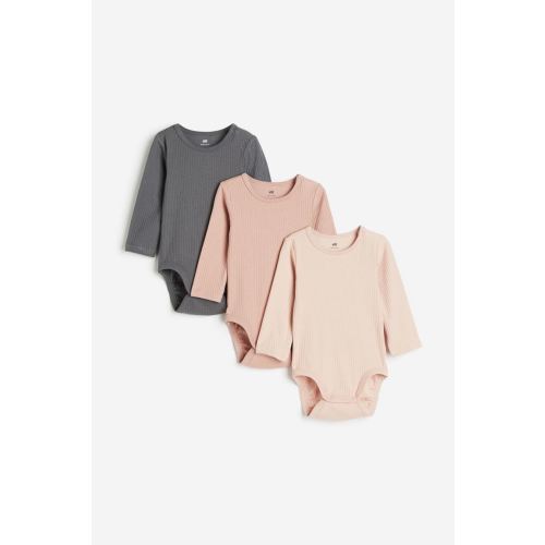 3-pack Ribbed Bodysuits, Dark gray/dusty pink
