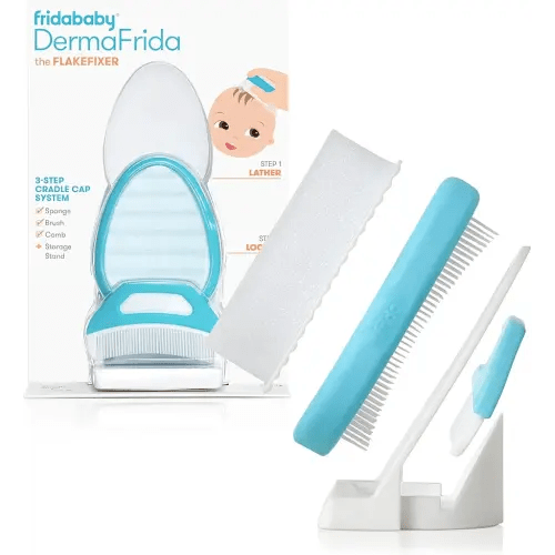 Frida Baby The 3-Step Cradle Cap System, DermaFrida The FlakeFixer, Sponge, Brush, Comb and Storage Stand for Babies with Cradle Cap, White-Blue