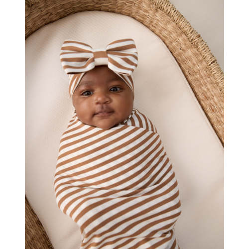 Chestnut Brown Stripe Swaddle & Luxe Bow Headband Set | Little Sleepies