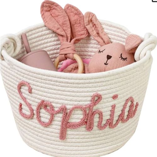 Personalized Baby Shower Gift Basket- Handcrafted Rope Cotton Basket with Custom Name- Perfect Newborn Gift & Diaper Caddy Nursery Storage Baby Basket