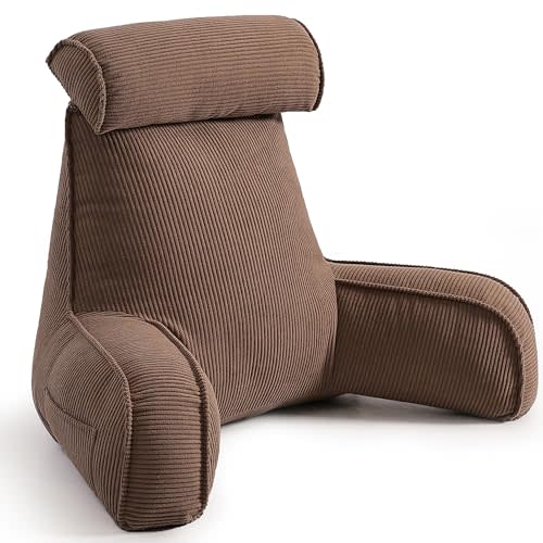 Reading Pillow for Sitting Up, Backrest Pillow with Arms, Corduroy Back Support Cushion with Side Pockets & Washable Cover, Bed Rest Support for Sofa Couch Relax, Chocolate