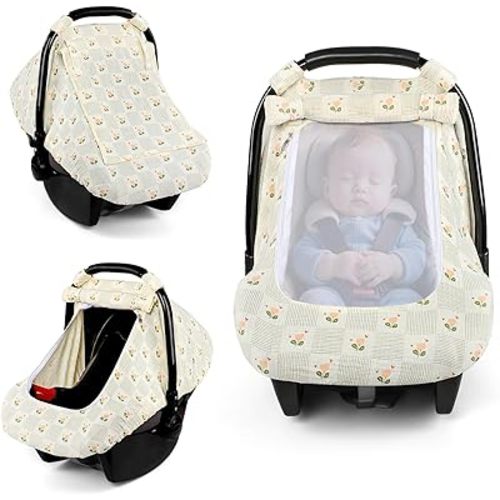 Car Seat Cover Baby, HNHUAMING Muslin Cotton Carseat Covers for Babies Girls Boys Summer Infant Car Seat Covers Canopy, Cozy Newborn Carseat Covers Stroller Cover with Breathable Mesh Window, Floral