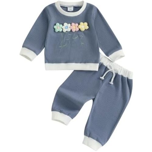 Toddler Clothes For Girls Baby 3D Flower Fall Winter Outfits Stripes Waffle Sweatshirt Pullover Cute Pants Set