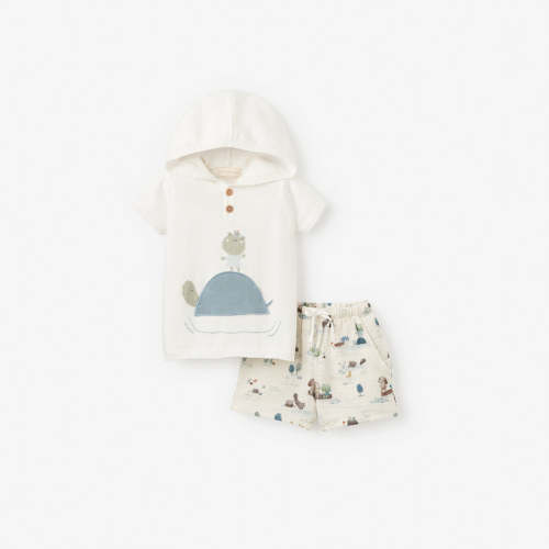 Pond Friends Hooded Pullover + Organic Muslin Short Set MULTI / 3-6M