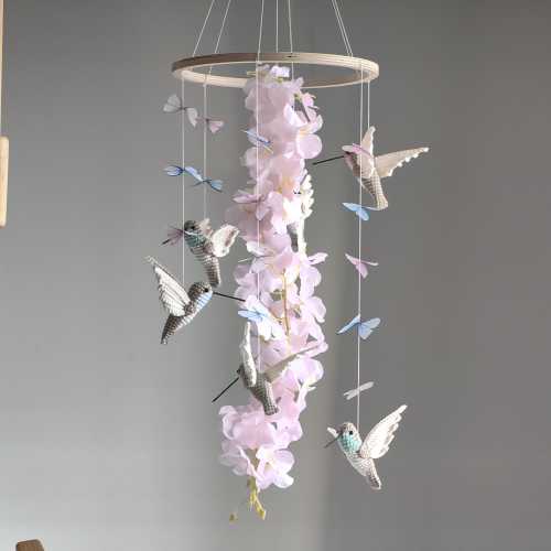 Hummingbirds Mobile, Flower Baby Mobile, Butterfly Crib Gadget, Needle Knitted Decor For Little One