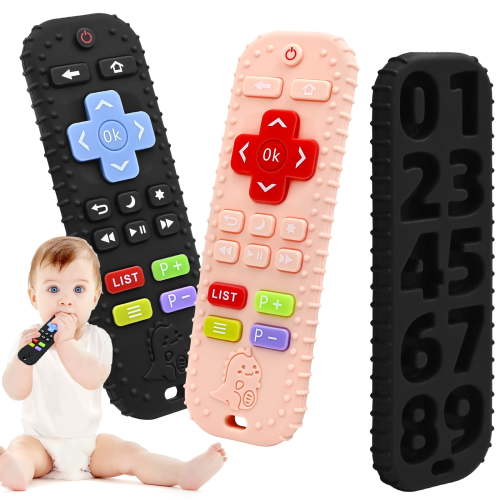 Baby Teething Toys 6 to 12 Months Boys Girls Gifts, Silicone Remote Control Infant Teething Chew Toys for 3 6 12 18 Months, Relief Soothe Babies Gums Sensory Travel Teether Toys, 2 Pack Pink & Black
