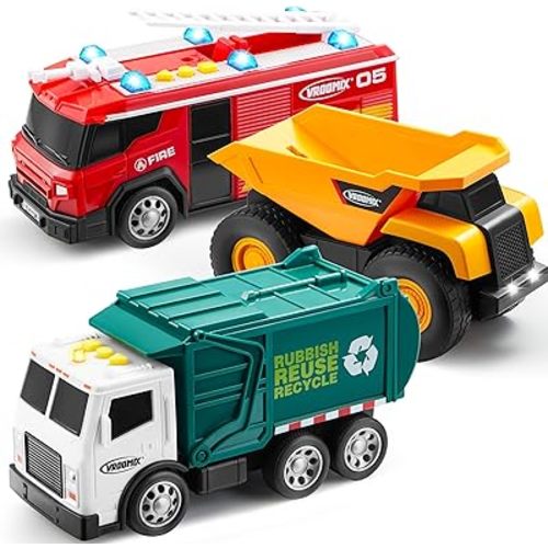 3-Pack Utility Trucks Toy Set – Friction Powered Garbage Truck, Fire and Construction Vehicle with Lights and Sounds – Educational Gift for Boys, Ideal for Kids Toddler