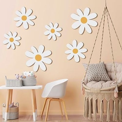 Thyle 6 Pcs Daisy Wall Decor Wooden Daisy Wall Art White Flowers Wall Signs Hanging Plaque for Home Nursery Bedroom Farmhouse Bathroom Decorations Housewarming Gifts (Elegant Style)