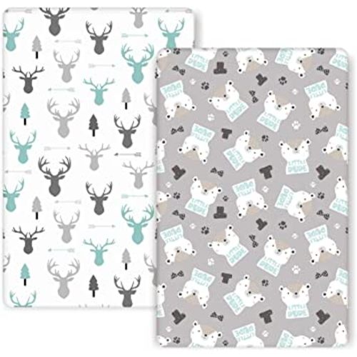 GRSSDER Stretchy Ultra Soft Jersey Knit Fitted Pack n Play Sheets 2 Pack, Playard Sheets for Baby Girls and Boys, Universal Fit for Pack N Plays Safe and Snug, Cute Bear and Deer