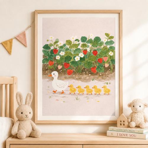 Follow Mama - Strawberry Garden Wall Art Set, Set of Nursery Prints, Duckling Wall Art, Cottage Garden Kids Room Decor, Farm Animal Prints
