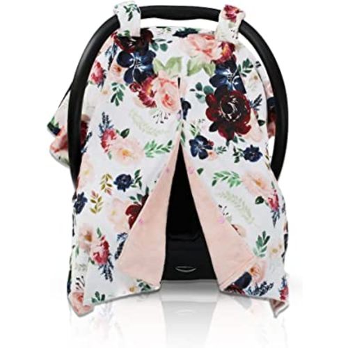 Dear Baby Gear Car Seat Cover for Boys & Girls - Baby Carseat Canopy w/Snap Opening - Infant Seat Cover - Stroller & Nursing Covers - Newborn Carrier Canopy- 40x30" (Burgundy & Navy Floral on Blush)