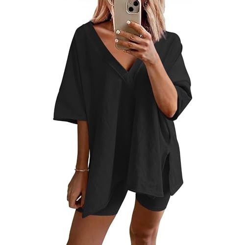 Ekouaer Womens Pajamas 2 Piece Lounge Sets Oversized V Neck T-Shirts Tops Biker Shorts Set Workout Reversible Tracksuit S-XXL