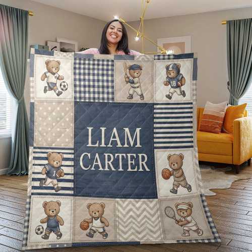 Personalized Quilt Blanket, Teddy Bear Sports Design, Custom Name Baby Blanket