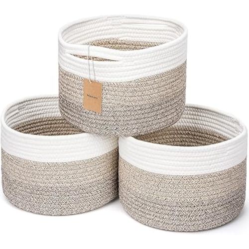 Small Rope Baskets for Storage, Baskets for Gifts Empty, Cute Round Woven Basket, Decorative Shelf Baskets 9.82×9.82×7.1", Cotton Toy Storage Bins for Organizer 3 Packs Mixed Brown