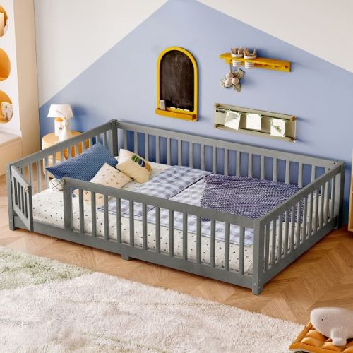 Bellemave Full Floor Bed for Kids with Guardrails and Door, Low Montessori Bed Frame, Removable Slats, Solid Pine Wood, Wood grain gray