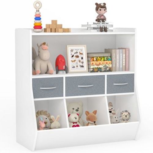 SUGIFT Kids Bookshelf Cube Organizer Shelf and Toy Storage with Fabric Bins Front-Facing Book Rack Wooden Organizer for Playroom Nursery