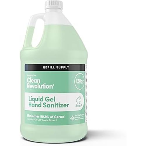 Clean Revolution Liquid Gel Hand Sanitizer, 128 Fl. Oz Refill Supply Container| Eliminates 99.9% of Germs | Gentle & Aloe Enriched | 70% USP Medical Grade Ethanol, Medical Facility Compliant