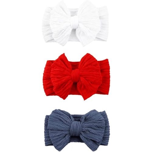 3 Pcs Baby Bows Headbands Soft Nylon Hairbands Super Elastic Headband Hair Accessories For Baby Girls Infant Toddler Essentials (Red Blue White, Mid)