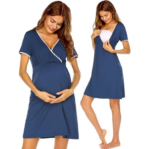 Ekouaer Nursing Nightgown Delivery and Labor Gown for Hospital Short Sleeve Maternity Breastfeeding Dress