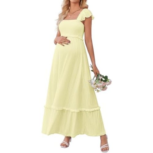 OUGES Womens 2026 Summer Maternity Photoshoot Dress Boho Maxi Smocked Baby Shower Dress Ruffle Sleeve Maternity Clothes