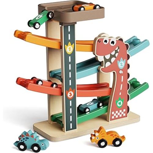 Montessori Toys for 1 Year Old, Car Ramp Track Toy for Toddlers 1-3, Wooden Toy Race Track with 4 Mini Cars, 2 Dinosaur Cars, 4 Ramps, Gift for Boys Girls Christmas Birthday