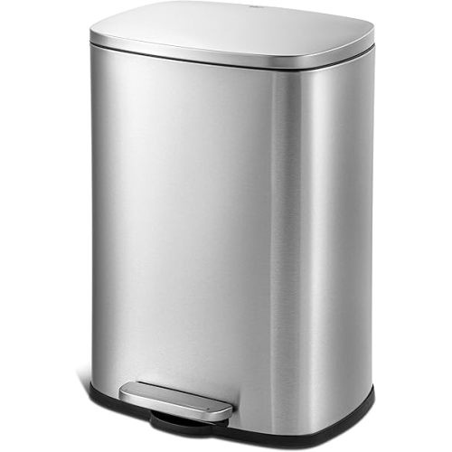 QUALIAZERO 50L/13Gal Heavy Duty Hands-Free Stainless Steel Commercial/Kitchen Step Trash Can, Fingerprint-Resistant Soft Close Lid Trashcan, 50L / 13 GAL