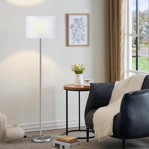 Ambimall 60'' Modern Floor Lamp with Shade, Tall Lamps for Living Room, Bedroom, Office, Dining Room, Beige Shade with Brown Pole(Without Bulb)