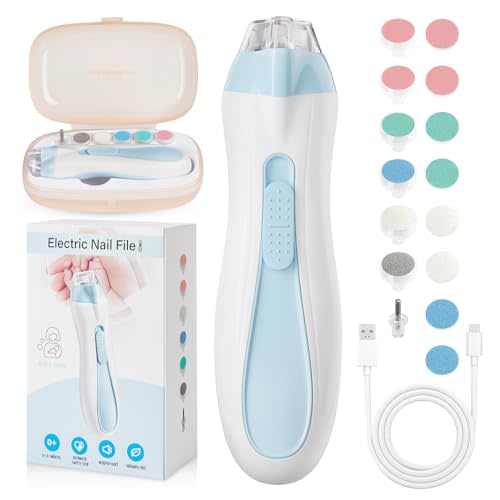 Electric Nail File Baby for Gentle Nail Care, Blue | 15 in 1 Nail Filer Care Kit, Rechargeable, Portable, Easy to Use, Whisper Quiet & LED Lighted, For Infant Toddler