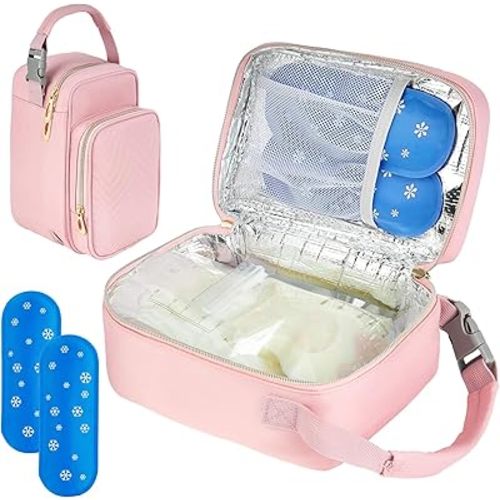 Breastmilk Cooler Travel Bag with Ice Pack,Portable Breastmilk Cooler Bag with Buckle Handle,Insulated Breastmilk Storage Bag Cooler,Pink