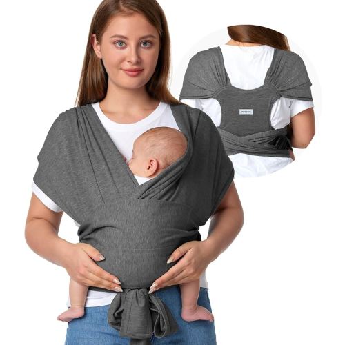 Momcozy Baby Wrap Carrier Skin-Friendly Fabric, Easy to Wear Baby Carrier Sling T-Shirt Design, Hands Free Baby Carriers Newborn to Toddler 8-35lbs, Adjustable Buckle for Waist 30-47inch, Deep Grey
