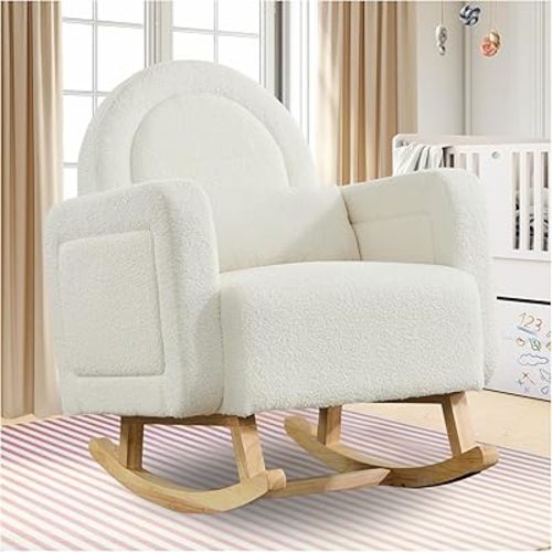 Nursery Rocking Chair with Lumbar Pillow, Teddy Glider Nursing Rocking Armchair with Solid Wood Legs, Modern Rocker Chair for Nursery Living Room Bedroom