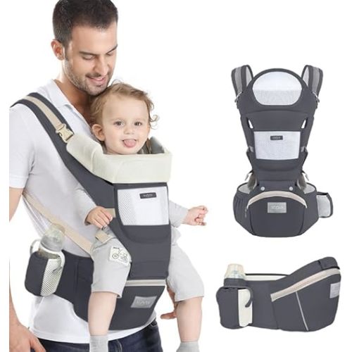 6-in-1 Safety Certified Ergonomic Quality Baby Carrier with Hip Seat: Kangaroo Bag Design for Newborns to Toddlers. Head Supporting Front and Back Support for Parents (Grey)