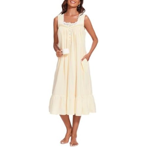AVIIER 100% Cotton Nightgowns for Women Sleeveless Sleep Dress Ladies Gowns Sleepwear with Pockets