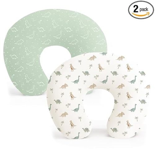 Konssy 2 Pack Nursing Pillow Covers, Stretchy and Soft Nursing Cover for Breastfeeding Pillows, Pillow Slipcover for Baby Girls Boys Newborn (Dino Jungle, Sage)