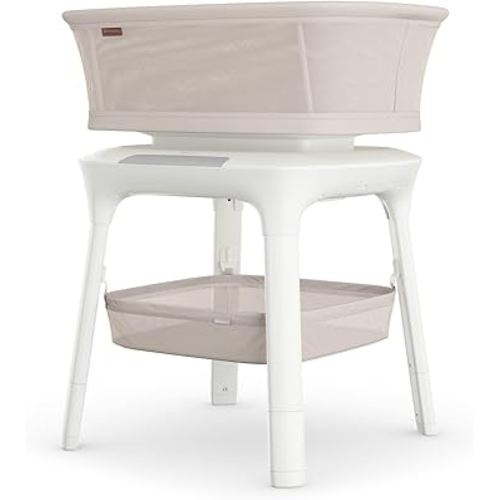 UPPAbaby Soma Smart Bassinet – 5 motions + 5 speeds + 4 Sounds with MotionSync Technology – Height Adjustable – Included Mattress, Sheet + Storage Basket – Charlie (Sand Mélange)