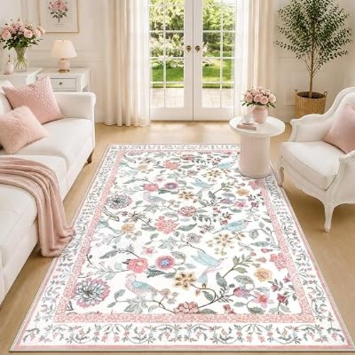 Rugalia Floral Washable 5x7 Area Rug, Soft Non-Slip Pink Rugs for Girls Bedroom Low Pile Flower Birds Living Room Rug, Non-Shedding Botanical Indoor Carpet for Nursery Playroom Dining Room