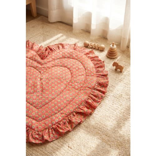 Heart Shaped Baby Play Mat, Vintage Blue Floral Ruffle, Padded Cotton -Sunny Orange-
