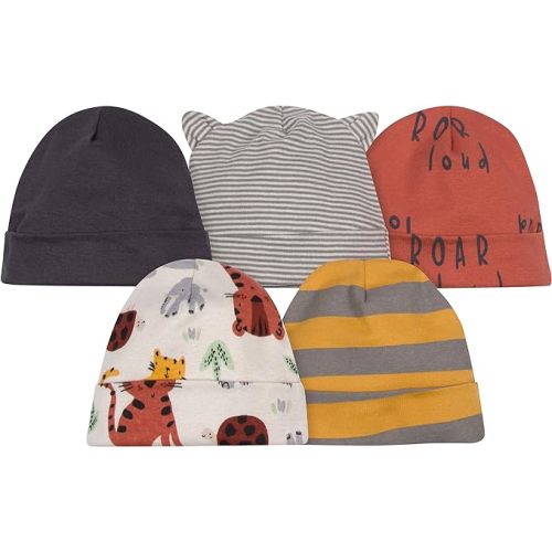 Gerber Baby Boys 5-Pack Caps, Orange Safari, 0-6 Months