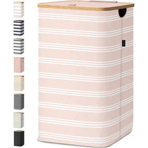 BALEINE Laundry Hamper with Lid, Tall Laundry Baskets with Bamboo Pull Handles, Large Laundry Bin with Internal Support (18 Gal/70L, Pink Pinstripe)