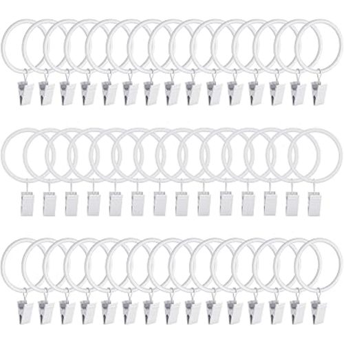 Lansian 44pcs Curtain Rings with Clips Hooks 1.5 inch Rustproof Matte Metal Stainless Steel Drapery Rings for Tension Rod Bracket Eyelets Decorative Hangers, White (1.5" Interior Diameter)