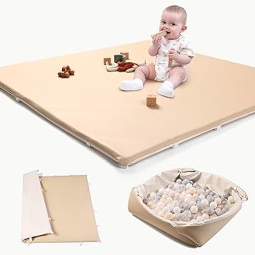 Baby Play Mat for Floor: 2-in-1 Foldable Foam Mat & Ball Pit - 1.2inch Thick Vegan Leather Padded Floor Mat - 47x47 Waterproof Playmat - fits 50x50 Playpen for Infants Baby Girls Boys