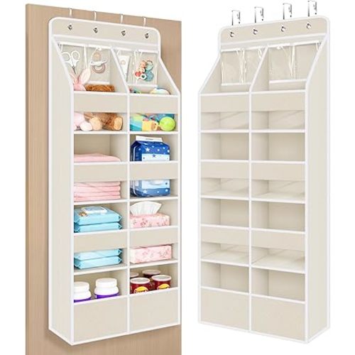 Univivi 5-Shelf Fabric Door Storage Over Door Hanging Organizer with 8 Large Pockets and 4 Small PVC Pockets Closet Cabinet Wall Mount Hanging Storage Organizers for Baby Nursery (Beige Pattern)
