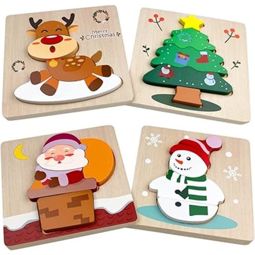 Anditoy 4 Pack Christmas Wooden Puzzles for Kids Toddlers Christmas Toys Christmas Stocking Stuffers Party Favors Gifts